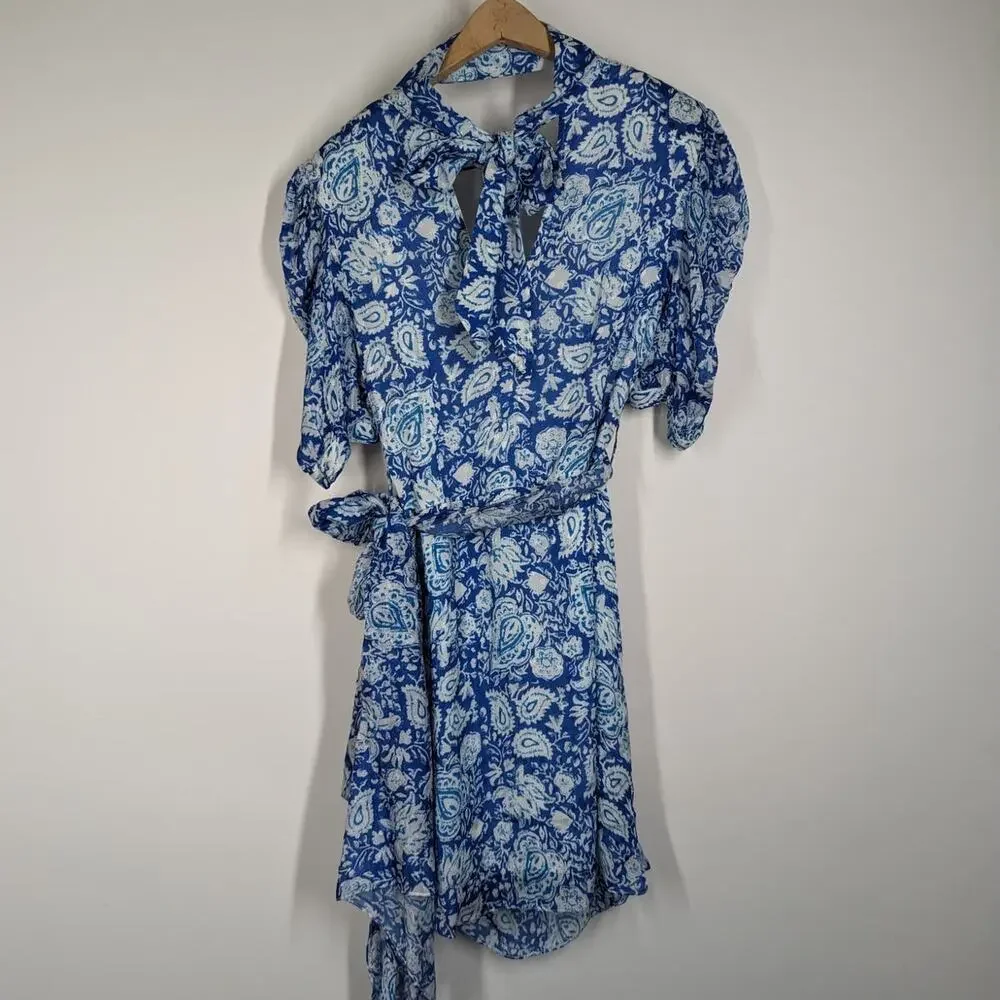 Hemant and Nandita Suho V-Neck Mini Dress Size Small Blue Paisley Preowned - Picture 5 of 12